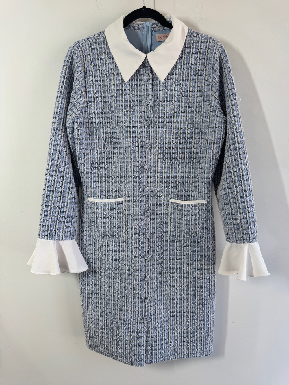 Ivy City Co Tweed Shift Dress Blue White Large Preppy Office Quiet Luxury Brunch
